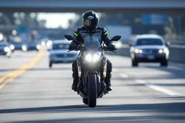 Motorcyclist moving confidently along expansive highway route
