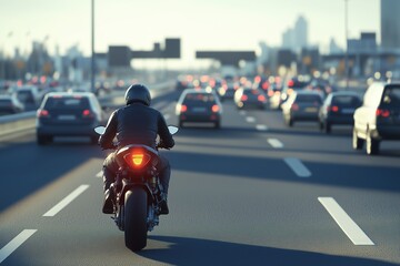 Motorcyclist carefully maneuvering through highway traffic congestion