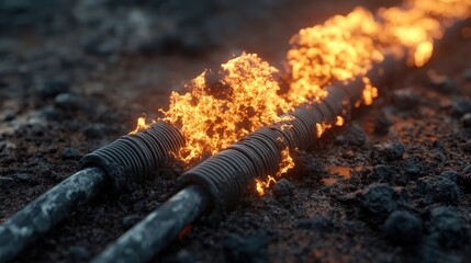 Flaming cables lying on the ground evoke a raw industrial energy theme, illustrating the potential hazards and intensity associated with modern technological advancements.