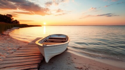 A white rowboat rests peacefully on a sandy beach, gently lit by the warm colors of the setting...