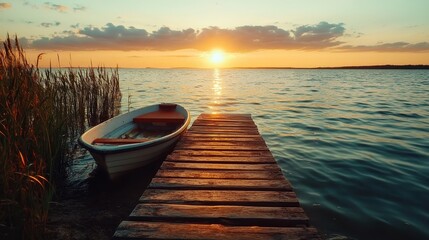 Obraz premium A picturesque rowboat is moored at the end of a weathered wooden pier, with the sun casting golden reflections on the rippling water creating a tranquil view.