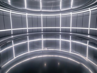 Fototapeta premium A futuristic, minimalist studio with curved walls and a reflective, spotlit gray floor. White linear lights define the geometric clean space.