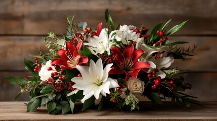 Fototapeta premium A festive floral display featuring striking red and white lilies accented by greenery and berries, perfect for holiday decorations, evoking joy and celebration.