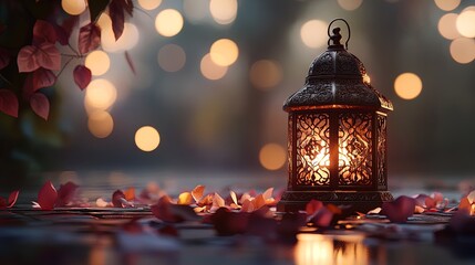 Enchanting Brass Lantern Poster: Illuminate Your Space with Intricate Patterns, Serene Flower Petals, and Soft Blurred Lights for a Tranquil Home or Office Décor