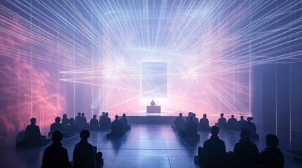 Obraz premium Suspended Rows of Attendees Watching a Speaker on a Floating Stage, with Laser Beams Forming a Web Above Them 
