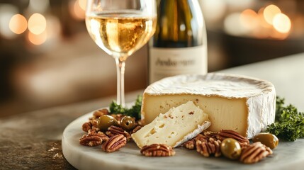 A glass of white wine pairs beautifully with a marble-topped plate of cheese and nuts, accentuated by olives and garnish, offering a symphony of flavors and textures.