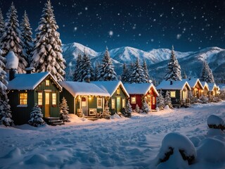 Fototapeta premium A cozy mountain village with snow-covered houses nestled among the peaks, capturing the peaceful magic of Christmas and creating a warm, festive winter scene