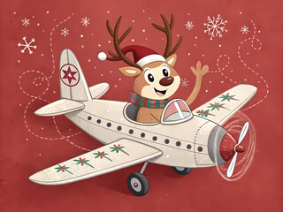 Festive christmas travel reindeer made from airplane and antlers on a red background
