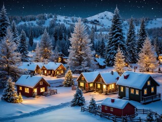 Fototapeta premium A cozy mountain village with snow-covered houses nestled among the peaks, capturing the peaceful magic of Christmas and creating a warm, festive winter scene