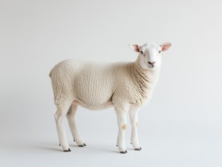 Fototapeta premium An isolated sheep stands against a white background, showcasing detailed fur texture in a cinematic, natural style.