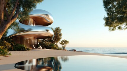 A futuristic beachfront home constructed with sleek reflective surfaces amid lush greenery, overlooking the serene ocean under clear blue skies.
