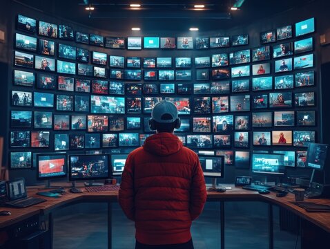 A person in a red jacket stands in a control room surrounded by multiple screens displaying various images and data, conveying a sense of information overload.