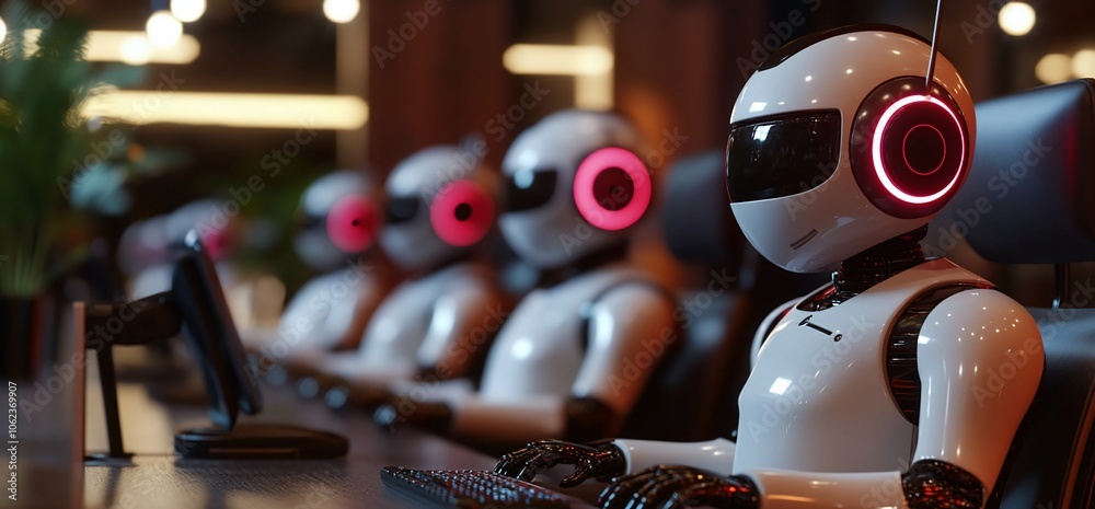 Poster row of white humanoid robots with pink glowing headphones sitting at a desk and using computers.