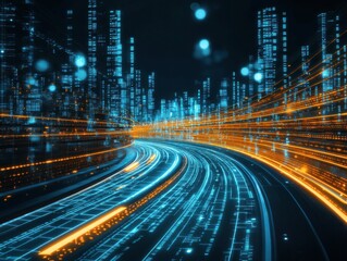 A vibrant digital artwork showcasing neon lights forming a futuristic technology tunnel. The bright blue and orange hues create a sense of motion and energy.