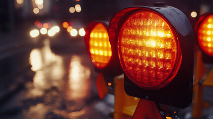 Warning lights illuminate a road construction site during evening rush hour, guiding traffic safely through the work zone