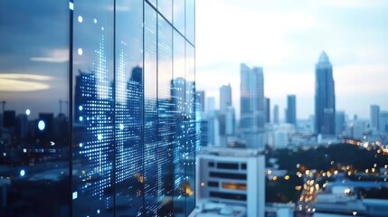 business district enhanced by digital graphs demonstrating advancements in urban technology.