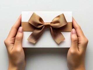 A pair of hands holds a white piece of paper or small card adorned with a large, elegant silk ribbon bow in a soft brown color.