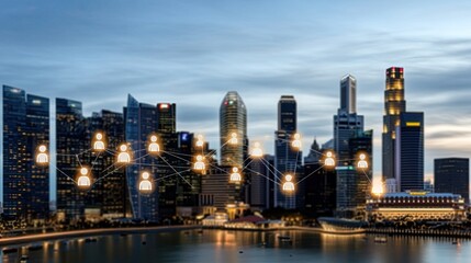 Fototapeta premium The showcases skyline with social media icons and interconnected human shapes symbolizing innovation in corporate finance.