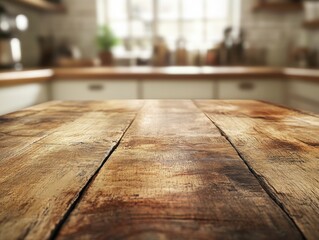 Wooden table in a bright, modern kitchen with blurred background. Warm tones highlight the rustic texture, creating a cozy, welcoming atmosphere.