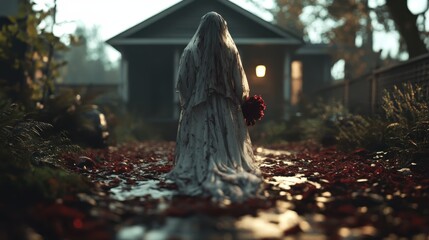 A spectral bride in a blood-stained gown walks solemnly down a leaf-strewn path, leading to an illuminated house, evoking haunting tales of love and loss beyond time.