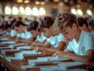 Fototapeta premium A group of students in uniform is focused on taking exams in a large, well-lit hall. The atmosphere is serious and concentrated.