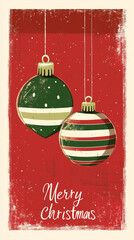 Vintage Christmas Card with Green and White Ornaments