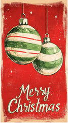 Vintage Christmas Card with Green and White Ornaments