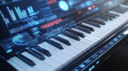 A futuristic digital keyboard with holographic displays showcasing music data at a modern studio during the day