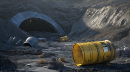 Fototapeta premium Abandoned industrial site with yellow barrels scattered around, highlighting environmental neglect at dusk