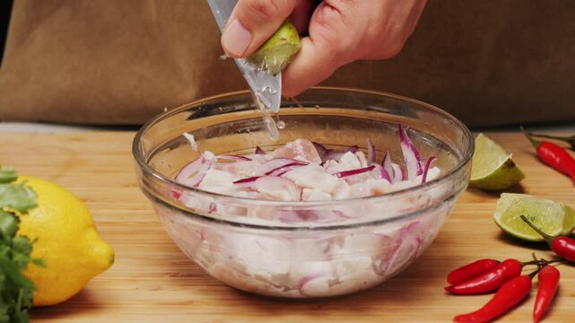 Cooking fish Peruvian ceviche close-up. Fresh cooked ceviche made of raw white fish. Traditional Peruvian cuisine. Cooking seafood dish.