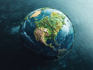 Fototapeta premium A realistic rendering of Earth displaying continents in vibrant detail, floating above a serene blue background, evoking environmental awareness.