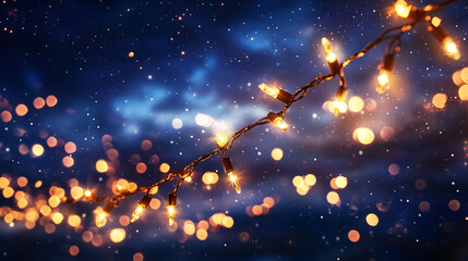 Twinkling String of Christmas Lights Floating in Mid-Air, Wrapping Around a Starry Night Sky 