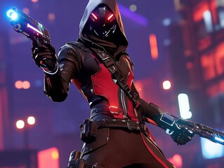 Fototapeta premium A futuristic, hooded character with glowing eyes holds high-tech weapons, set in a vibrant cityscape. The scene evokes a sense of suspense and adventure.