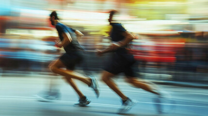 Two runners sprinting through a busy urban street during the evening, showcasing their energy and determination in motion
