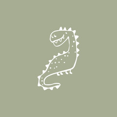 Dino hand-drawn vector illustration of a cute dinosaur in a simple, childish doodle sketch style, with a marker-drawn effect. White outline on green olive background.
