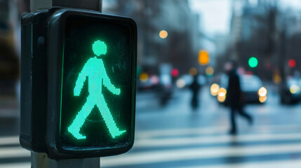 Pedestrians waiting at a crosswalk for the traffic light to change to green during a busy urban afternoon