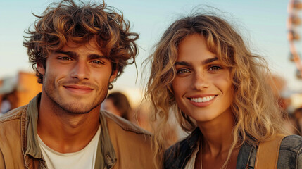 Fototapeta premium A warm, candid open shot of a group of friends standing close together at a music festival, looking straight at the camera with big smiles. Theyâre dressed in casual festival wear,
