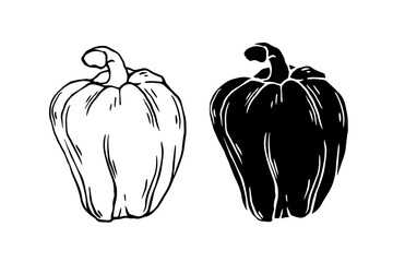 Line sketch, stamp, stencil of sweet pepper vegetables. Vector graphics.