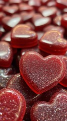 Obraz premium Sparkling red heart shaped decorations displayed together on a dark surface for festive occasions