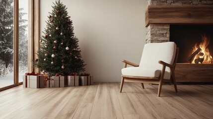 A minimalist holiday setting with a stylish Christmas tree, gifts, and a blazing fireplace, creating a warm and inviting atmosphere against a snowy winter landscape.