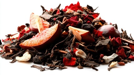 An artful mix of richly textured tea leaves, fruit pieces, and petals in various deep and vibrant colors, embodying the warmth and fullness of nature’s offerings.