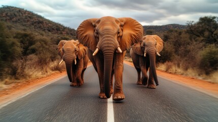 A majestic trio of elephants strides gracefully down an open road, capturing the essence of wild freedom and the magnificent beauty of the natural world.