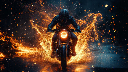 A motorcyclist rides through a fiery explosion, creating a dramatic and intense atmosphere in a nighttime urban environment