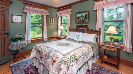 Rustic bedroom with a view of snowy pines outside, featuring wooden furniture and floral bedding.