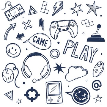 Video game hand drawn doodle clip art. Video gamer console, joystick controller element.
