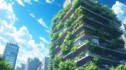 Obraz premium A high-rise building covered in lush greenery, with a clear blue sky and fluffy white clouds in the background.