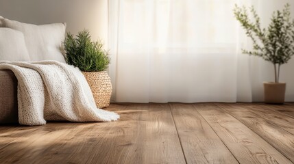 A serene living space highlighted by soft lighting, featuring a cozy sofa with cushions and intricate wooden flooring, portraying comfort and natural elegance.