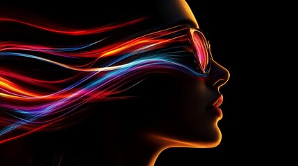 Obraz premium Silhouette of a woman with colorful light streaks behind her.