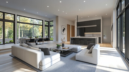 Fototapeta premium Modern minimalist living room featuring elegant furniture, ample natural light, and an open layout with a view of greenery outside