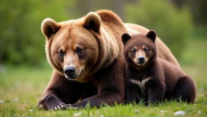 Obraz premium A beautiful image of a grizzly cub and its mother in a peaceful woodland, with the sun casting soft shadows around them.